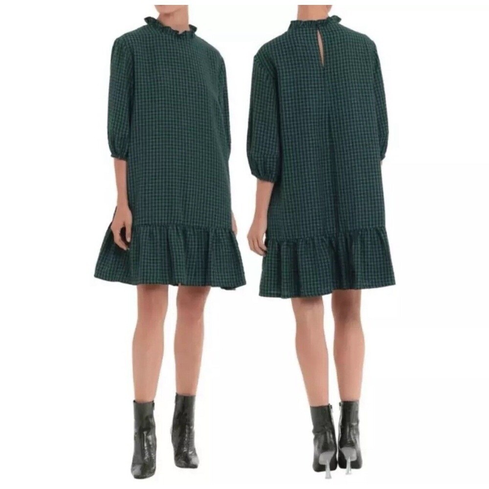 Donna Morgan Green Black Gingham Quarter Sleeve Hem Flounce Swiftie Dress Sz 8
